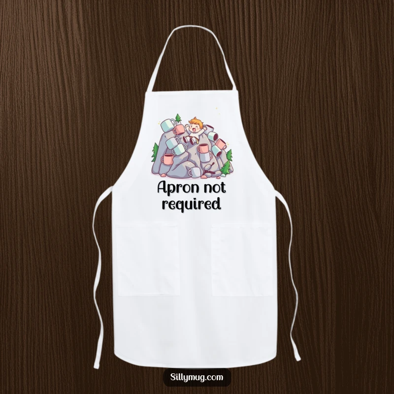 Funny Apron depicting a character sliding down a mountain of mugs, ideal for kitchen protection with thrilling coffee-themed humor.
