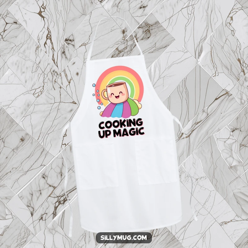 Funny smiling mug rainbow slide apron, showing a mug gleefully descending a rainbow with bubbly effects, for kitchen fun.