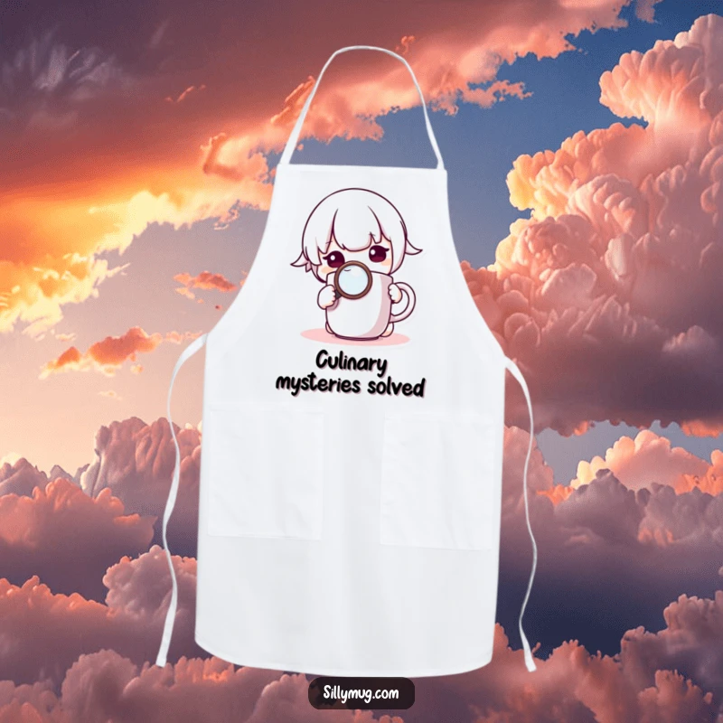 Funny Apron: A curious Kawaii character uses a magnifying glass to inspect a mug, adding a fun and detailed touch to kitchen wear.