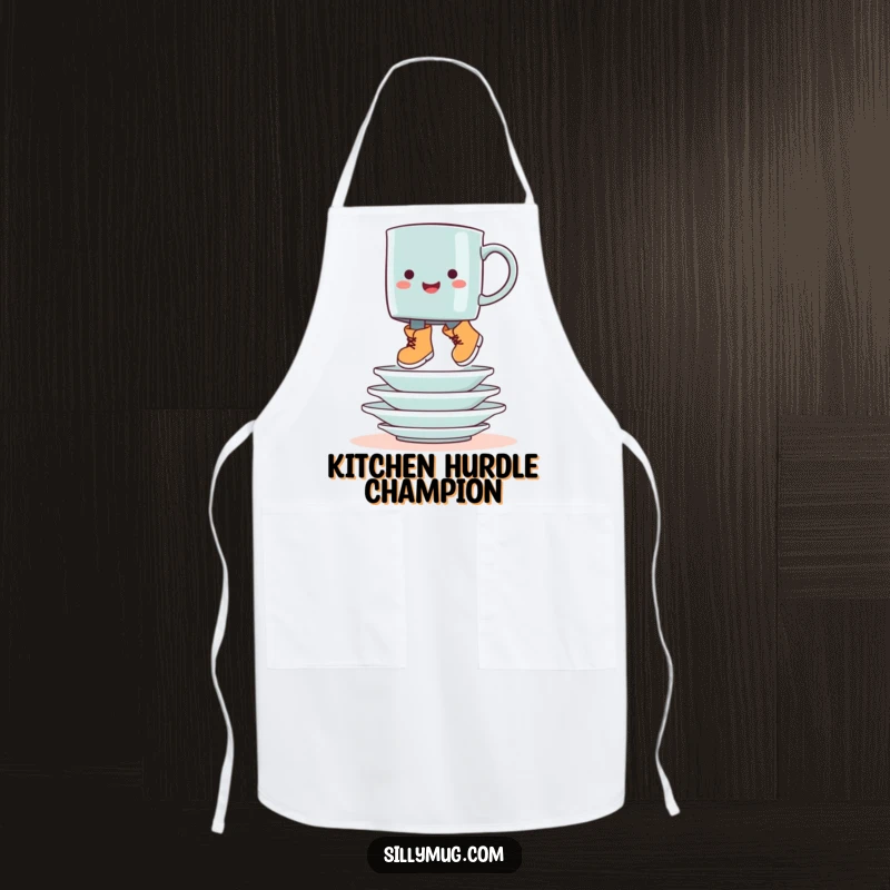Funny booted mug hop apron, with a mug in boots gleefully jumping over dishes, for humorous cooking fun.