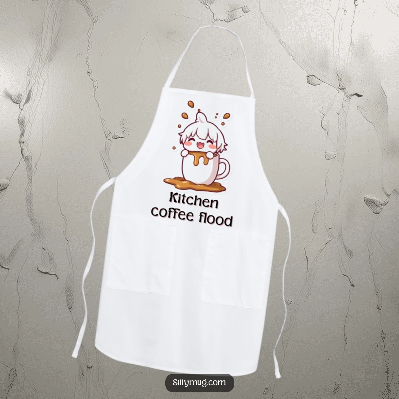 Funny Kawaii character apron, joyfully spilling coffee from an overflowing mug, humorous kitchen wear, perfect for cooking enthusiasts.
