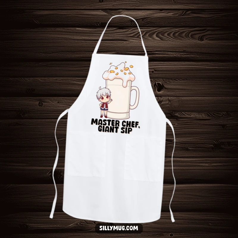 Funny apron featuring a character posing proudly next to a comically large, overflowing coffee mug, ideal for humorous cooking sessions.