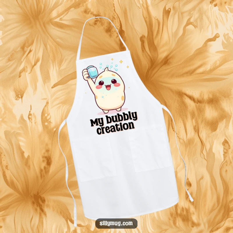 Funny Apron: A triumphant Kawaii character raises a mug filled with sparkling bubbles, bringing a festive and humorous touch to kitchen wear.