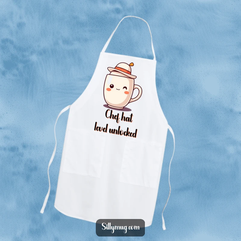 Funny Kawaii mug character with a tilted jaunty hat apron, perfect for kitchen use with a cute and humorous touch.