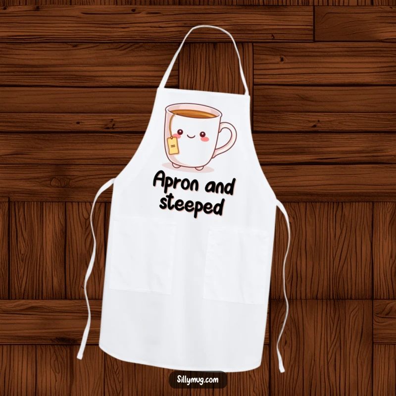 Funny apron showcasing a kawaii mug character with a tea bag string tied around its handle, perfect for a cheerful kitchen.