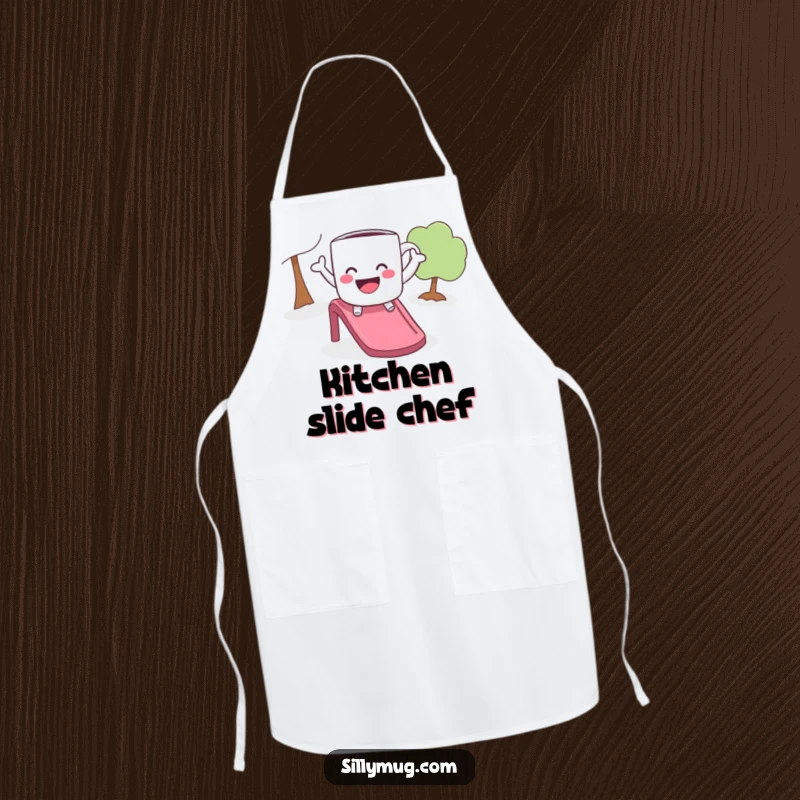 Funny apron featuring a playful mug with arms outstretched, joyfully sliding down a slide, ideal for kitchen humor.