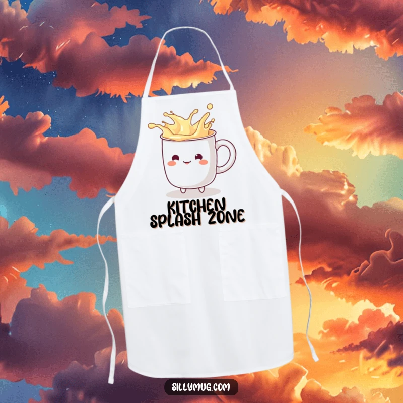 Funny kawaii mug character playfully splashing imaginary liquid, illustrated on a practical and humorous kitchen apron.