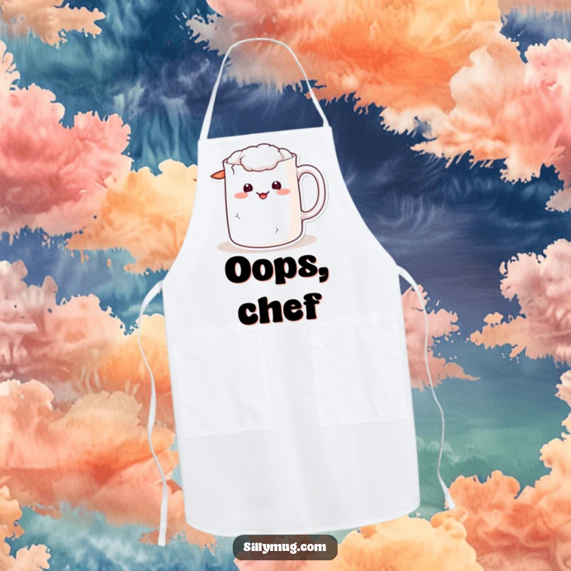 Funny kawaii apron showing a mug character with a cracked handle and a sheepish grin, perfect for cooking.