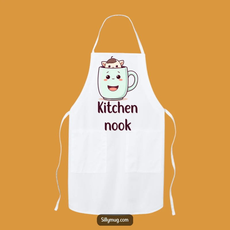 Playful Kawaii Chef Apron: Funny Kitchen Fun with Mug Peek