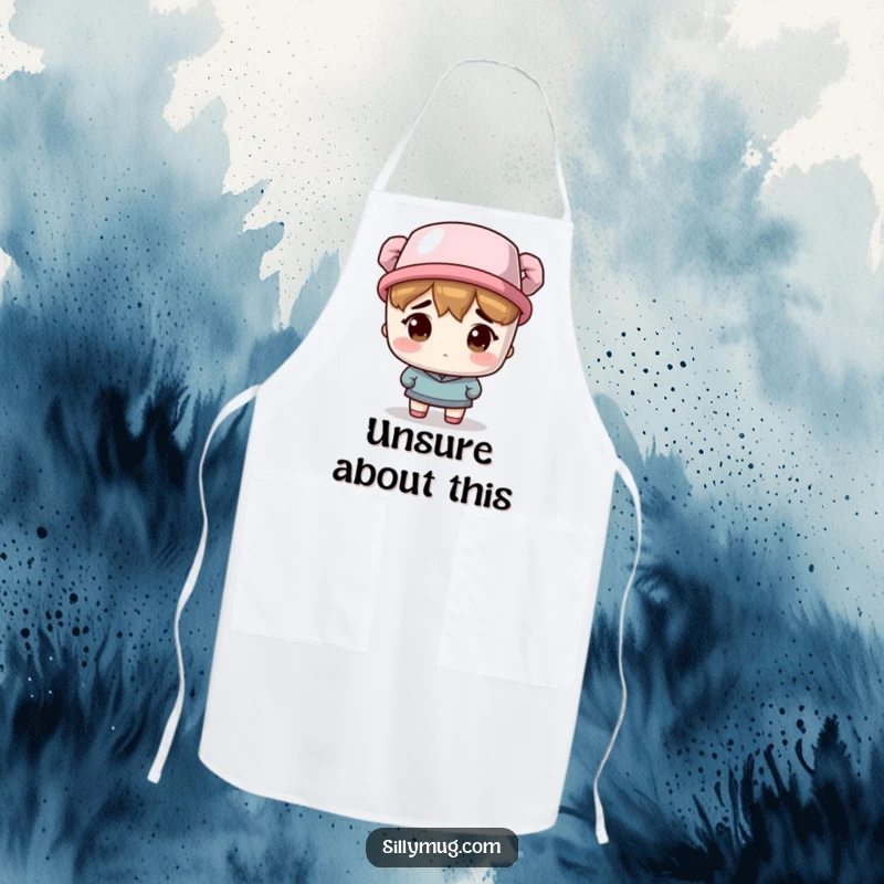 Funny Apron: A character wears a coffee mug as a hat with a bewildered expression, a humorous kitchen accessory.