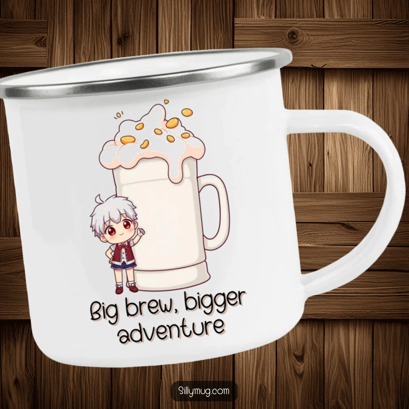 Funny enamel camping mug depicting a character posing proudly next to a massively oversized, overflowing coffee mug, for outdoor coffee lovers.