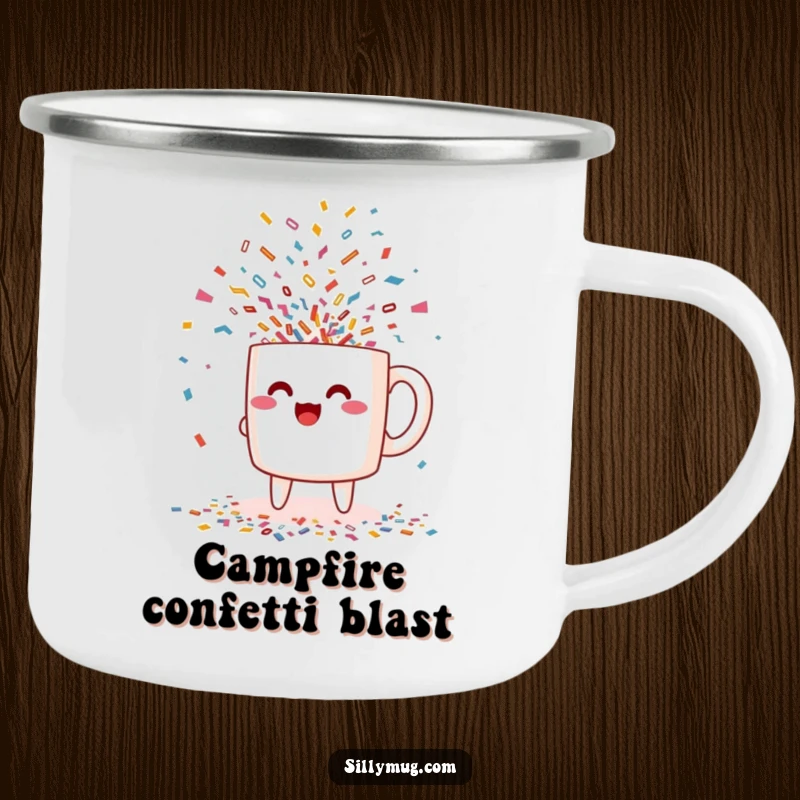 Funny excited Kawaii mug character pouring confetti camping mug, perfect for outdoor adventures with a blend of festive art and humor.