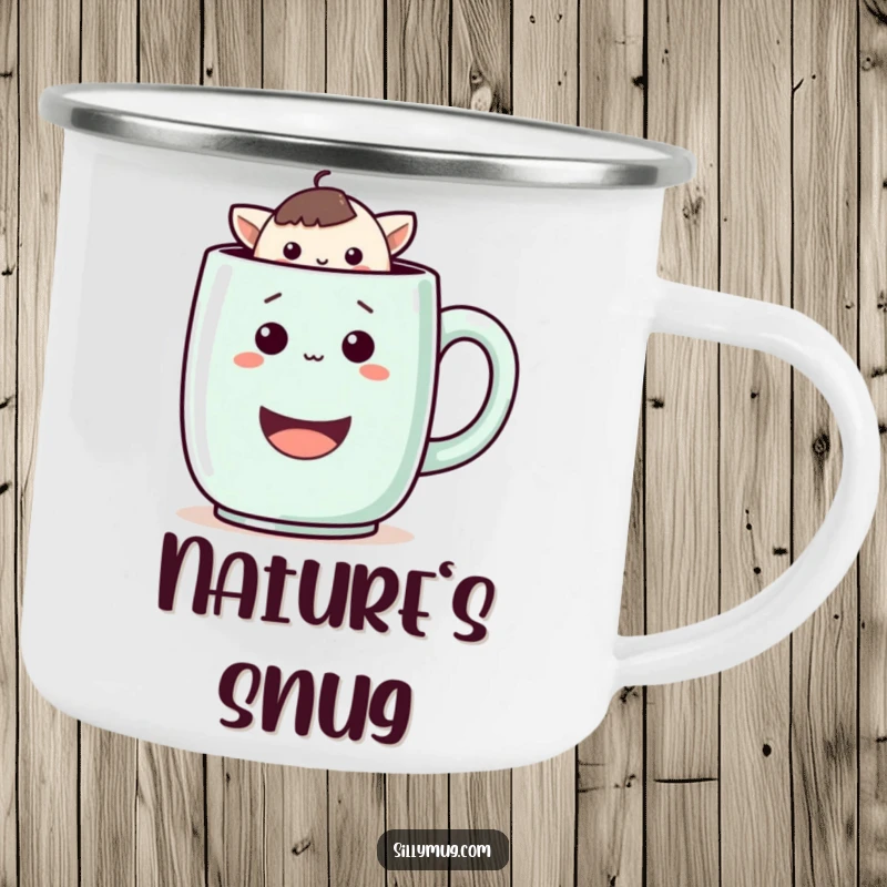 Funny camping mug featuring a playful Kawaii character peeking from a giant smiling mug, blending humor with outdoor utility.