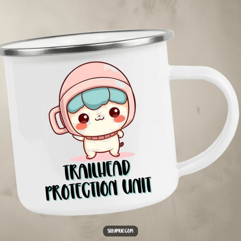 Funny Camping Mug: A mischievous Kawaii character uses a mug as a helmet, ready for outdoor fun and laughter.