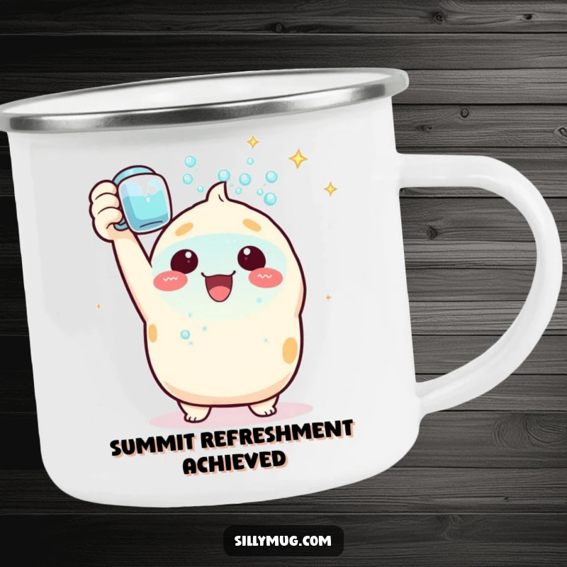 Funny Camping Mug: A triumphant Kawaii character holds a mug filled with sparkling bubbles, perfect for celebrating victories in the wilderness.