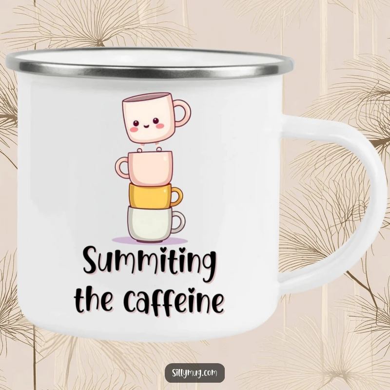 Funny camping mug with a kawaii mug character balancing on mugs, ready for outdoor fun and precarious sips.