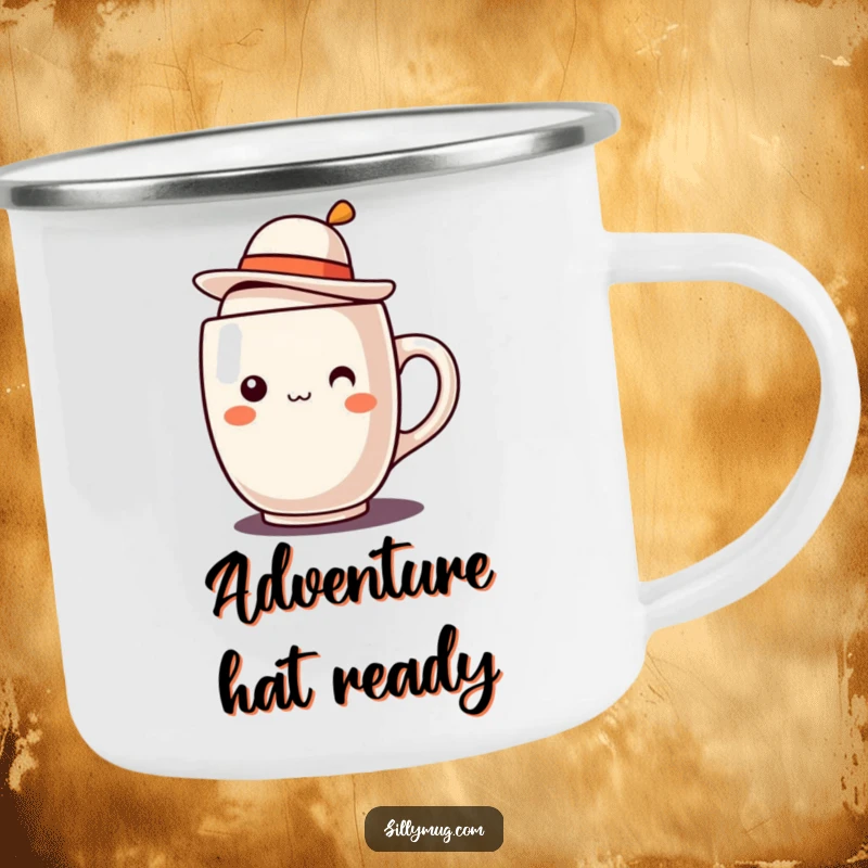 Funny Kawaii mug character with a jaunty hat camping mug, perfect for outdoor adventures with a blend of cute art and humor.