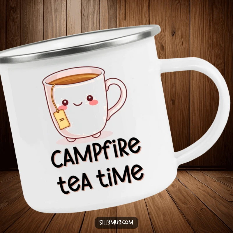 Funny camping mug with a kawaii mug character having a tea bag string tied around its handle, ready for outdoor sips.