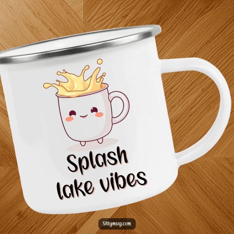 Funny kawaii mug character playfully splashing imaginary liquid, designed for outdoor use on a humorous and durable camping mug.
