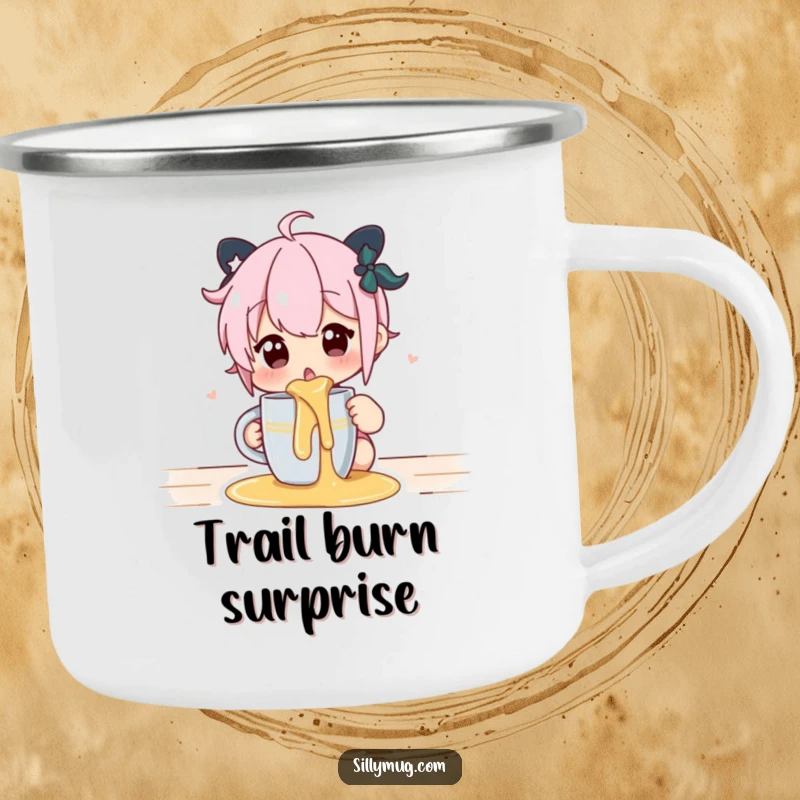 Funny camping mug featuring a surprised character from a mug spill, perfect for outdoor mishaps.