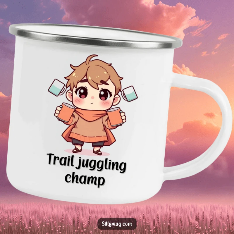 Funny Camping Mug: A character juggles ceramic mugs in an outdoor setting, a humorous enamel cup for adventurers.