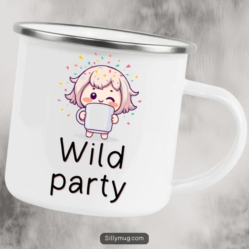 Funny camping mug featuring a cheerful Kawaii character holding a mug that erupts with colorful confetti, perfect for outdoor celebrations.