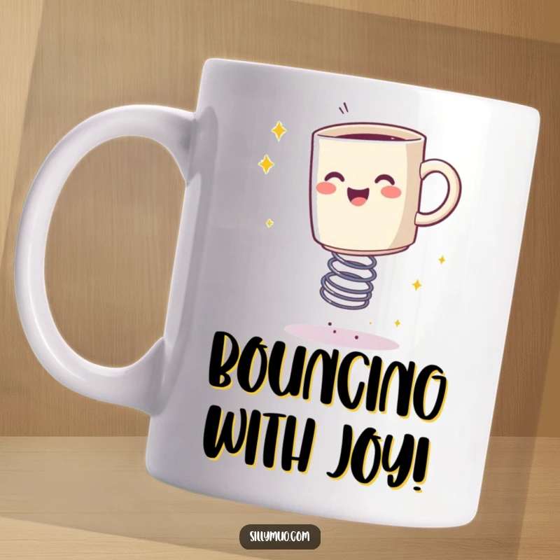 Funny, happy mug bouncing energetically on a spring, leaving a trail of shimmering colorful sparkles behind it.