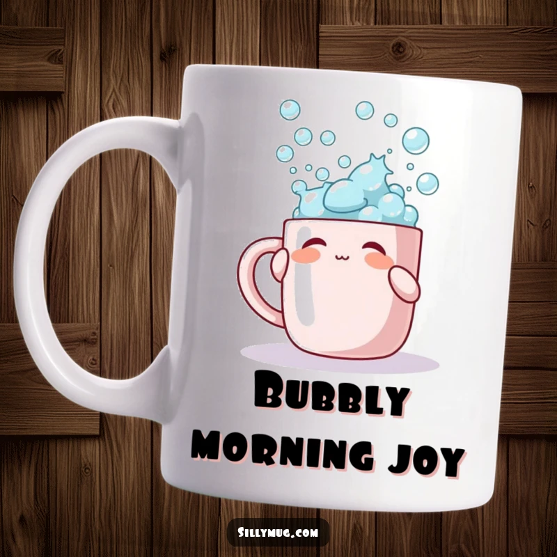 Funny mug featuring a character playfully tapping a mug overflowing with bubbles, capturing a moment of sudsy fun.
