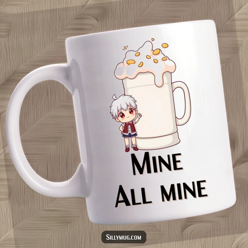 Funny mug showing a character standing proudly beside a comically enormous, overflowing coffee mug, celebrating coffee love.