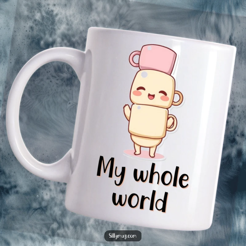 Funny mug featuring a giggling Kawaii character struggling to balance a tall, wobbly stack of coffee mugs, conveying a humorous sense of chaos.
