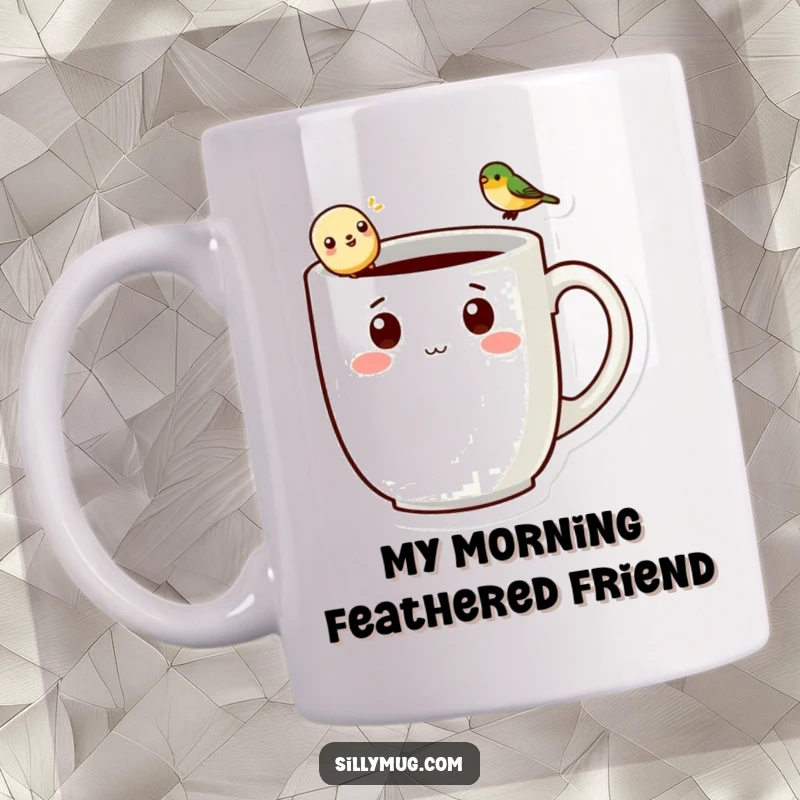 Funny kawaii mug character with a tiny bird perched on its handle, smiling warmly for a delightful morning coffee experience.