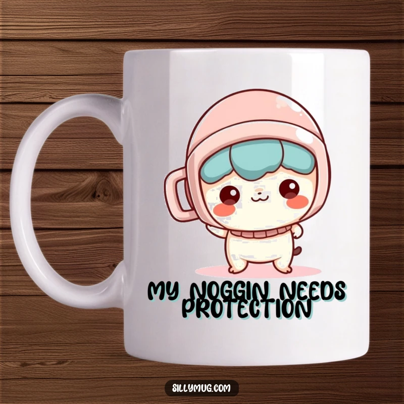 Funny Mug Helmet: A mischievous Kawaii character wears a mug as a tiny helmet, looking cheeky and ready for adventure.