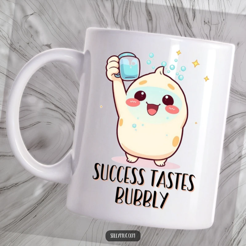 Funny Mug: A triumphant Kawaii character joyfully raises a mug filled with effervescent, sparkling bubbles, symbolizing celebration.