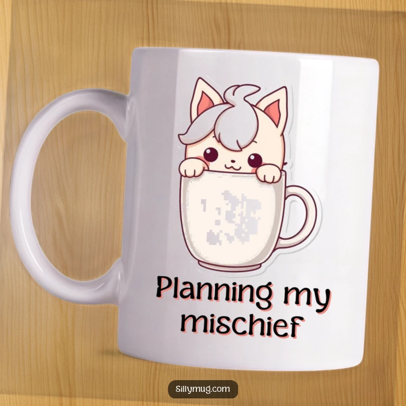 Funny mug design featuring a character peeking over the rim with a mischievous grin, perfect for coffee lovers.