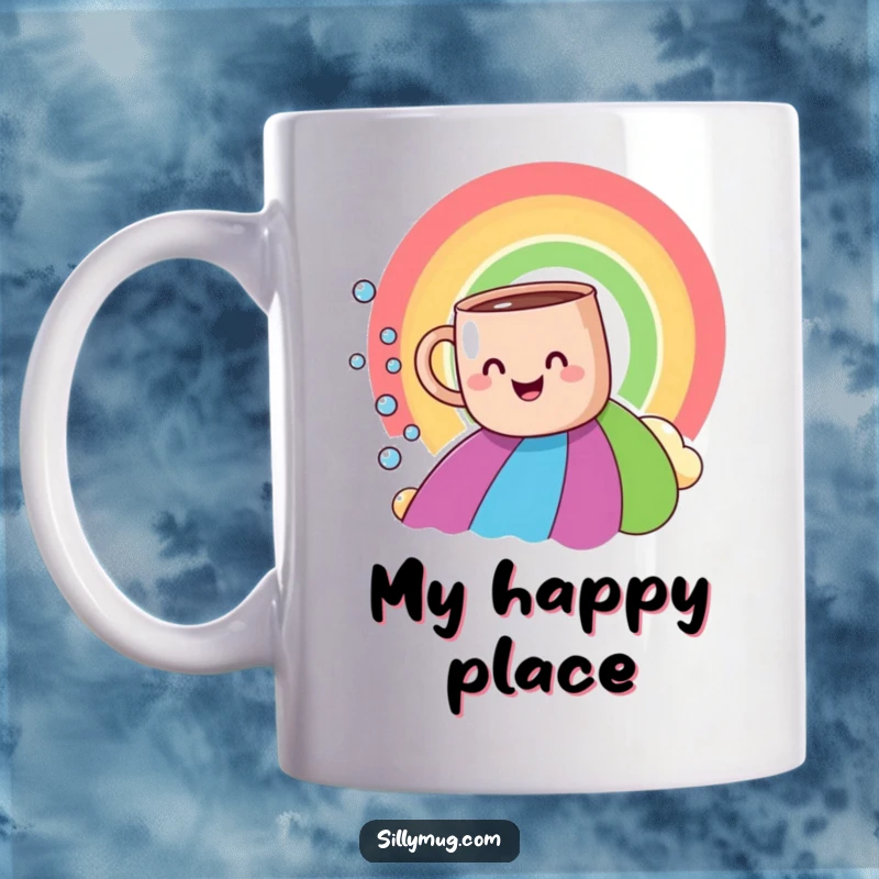 Funny smiling mug sliding down a rainbow, leaving a trail of bubbles, conveying pure joy and whimsical fun.