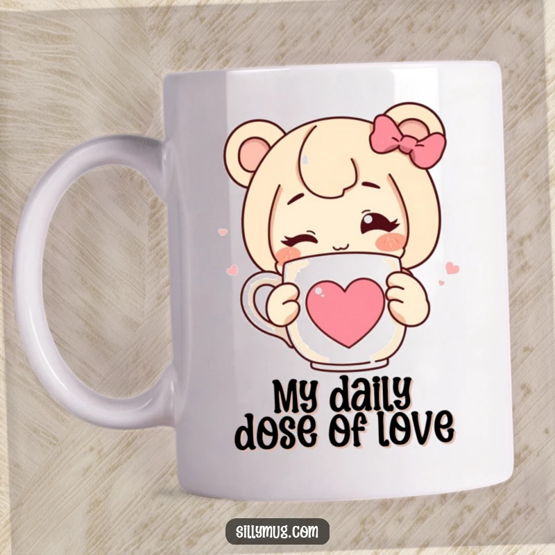 Funny mug featuring a character winking playfully while holding a steaming coffee mug adorned with a sweet heart symbol.