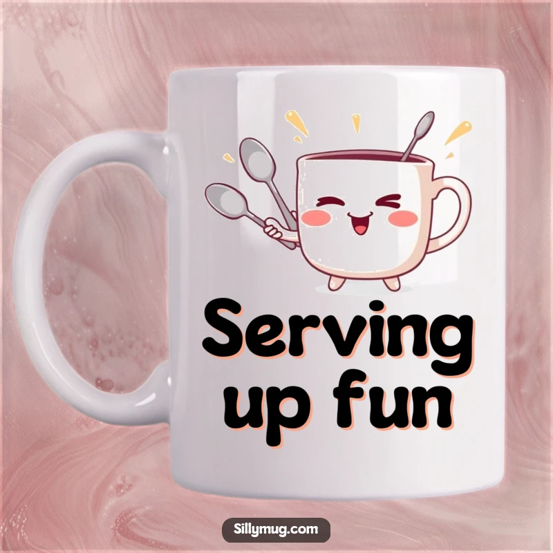 Funny mischievous mug winking while juggling three spoons with glee, showcasing playful kitchen skills.