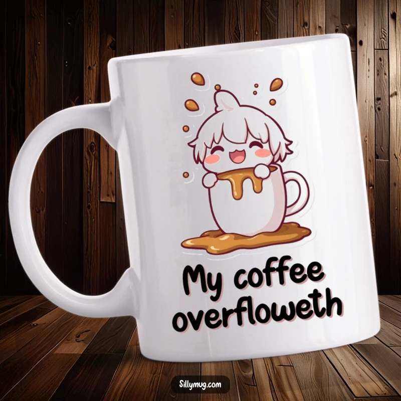 Funny Kawaii character mug, joyfully spilling coffee from an overflowing mug, relatable morning chaos, perfect gift for coffee lovers.