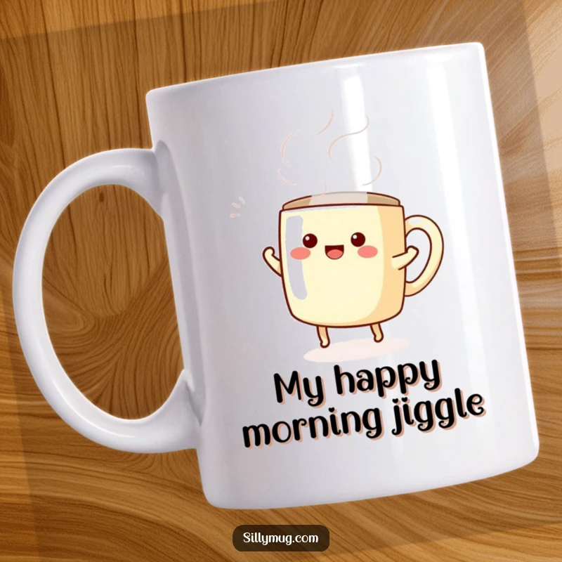 Funny mug character gleefully dancing with swirling steam, celebrating morning coffee with pure, unadulterated happiness.