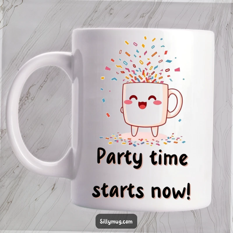 Funny excited Kawaii mug character pouring out a cascade of confetti, looking thrilled on a mug, perfect for a celebratory funny gift.