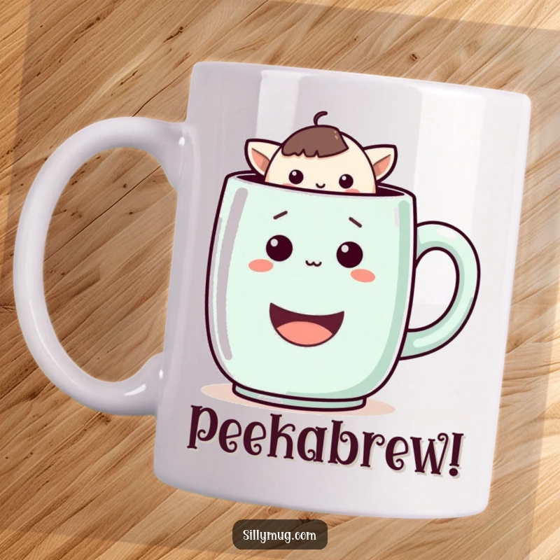 Funny mug featuring a cute Kawaii character playfully peeking out from the inside of a large, smiling coffee mug, full of mischief.
