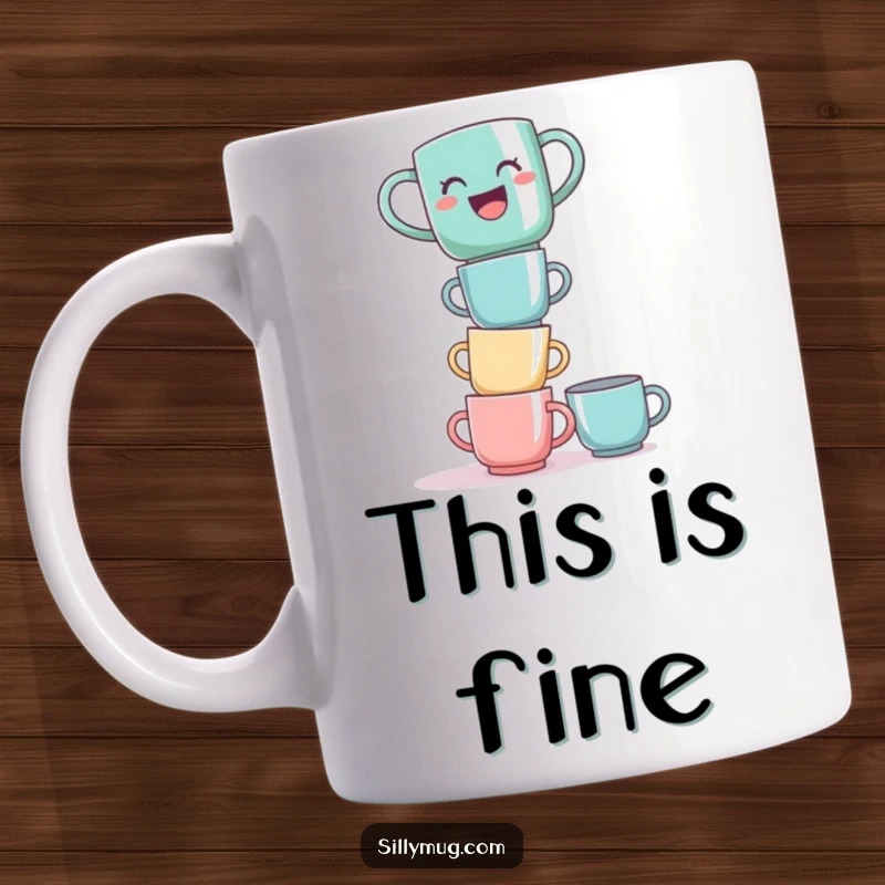 Funny laughing mug balancing precariously on a teetering tower of cups, showcasing comedic instability.