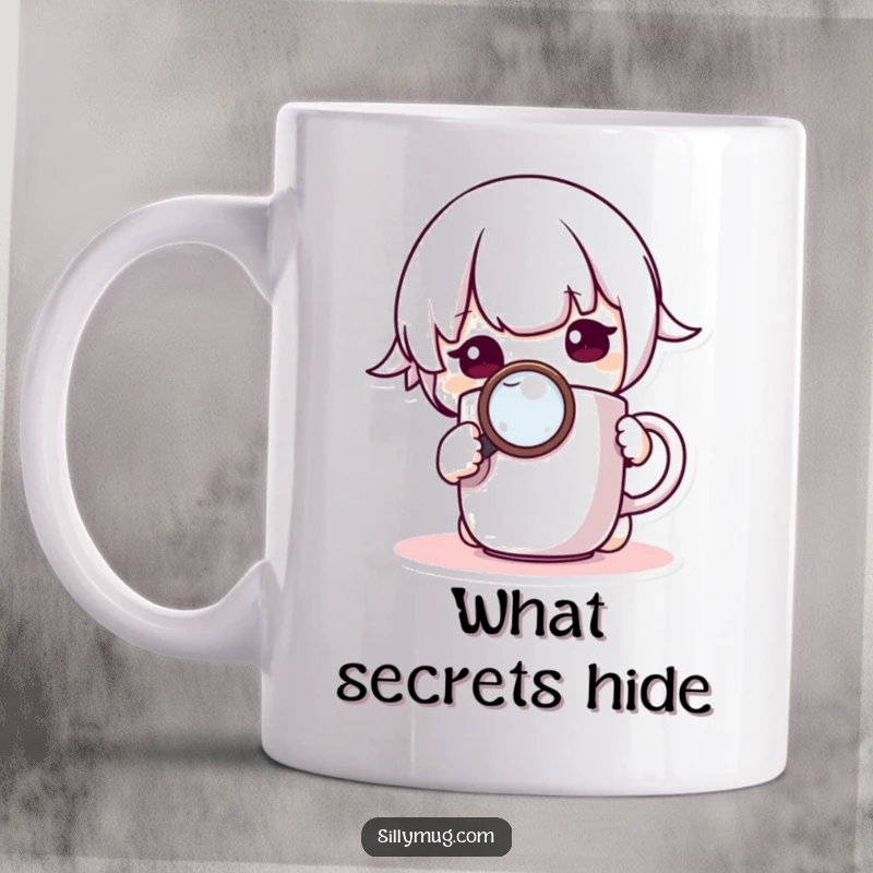 Funny Mug: A curious Kawaii character intently examines a mug with a magnifying glass, showcasing intense focus and adorable inquisitiveness.