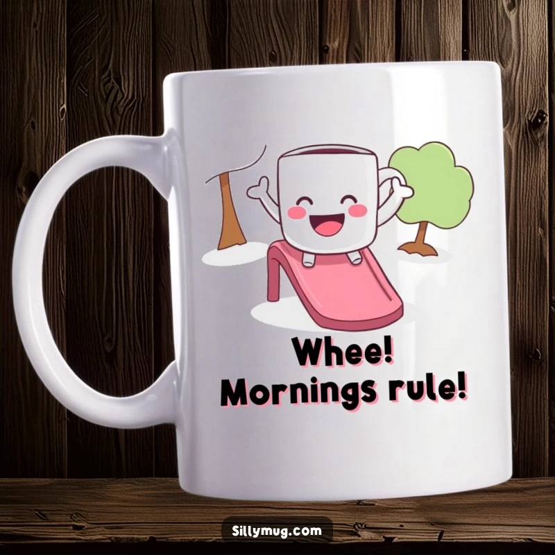 Funny, playful mug with arms outstretched, joyfully sliding down a slide, conveying pure happiness and fun.