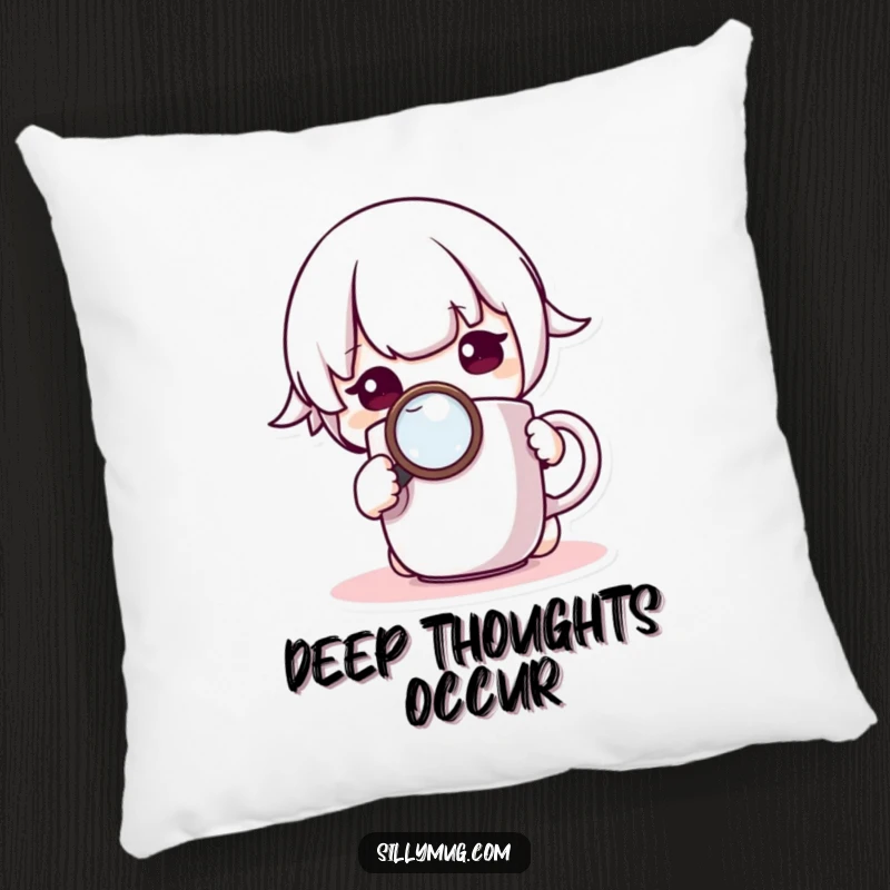 Funny Pillow: A curious Kawaii character intently inspects a mug with a magnifying glass, offering soft comfort and a touch of humor.