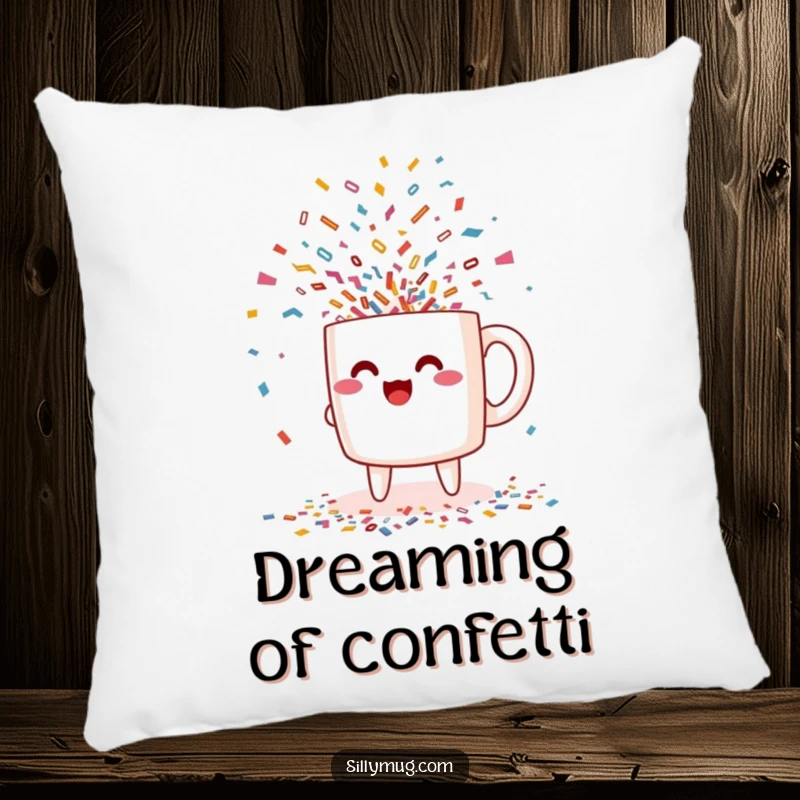 Funny excited Kawaii mug character pouring confetti pillow, offering soft comfort and festive artistic humor to any room.