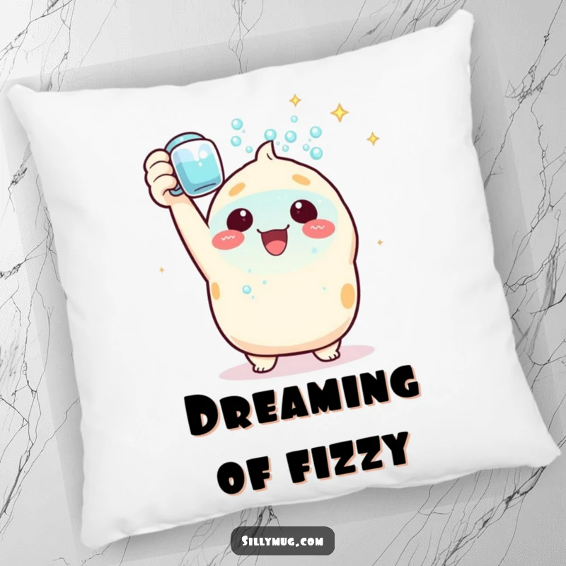 Funny Pillow: A triumphant Kawaii character holds a mug brimming with sparkling bubbles, offering plush comfort and celebratory vibes.