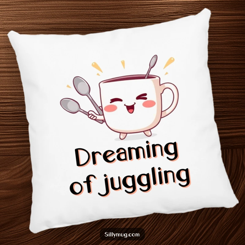 Funny winking mug juggler pillow, showing a mug juggling spoons, for humorous comfort and decor.
