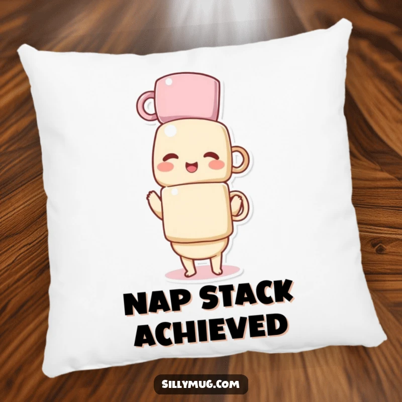 Funny pillow featuring a giggling Kawaii character attempting to balance a substantial tower of mugs, evoking a sense of happy struggle.