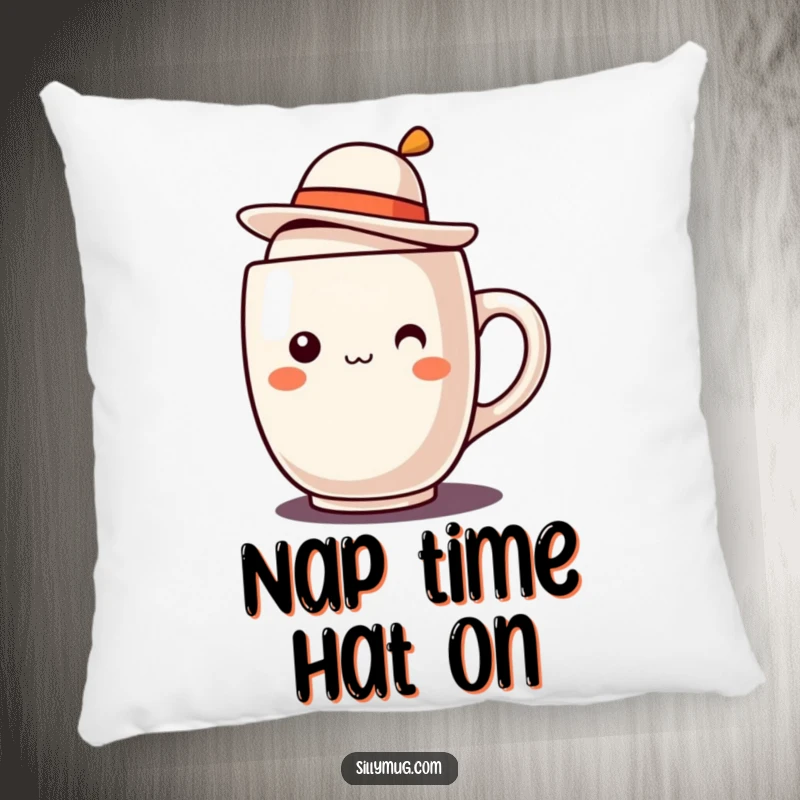 Funny Kawaii mug character with a jaunty hat pillow, offering soft comfort and adorable artistic humor to any room.